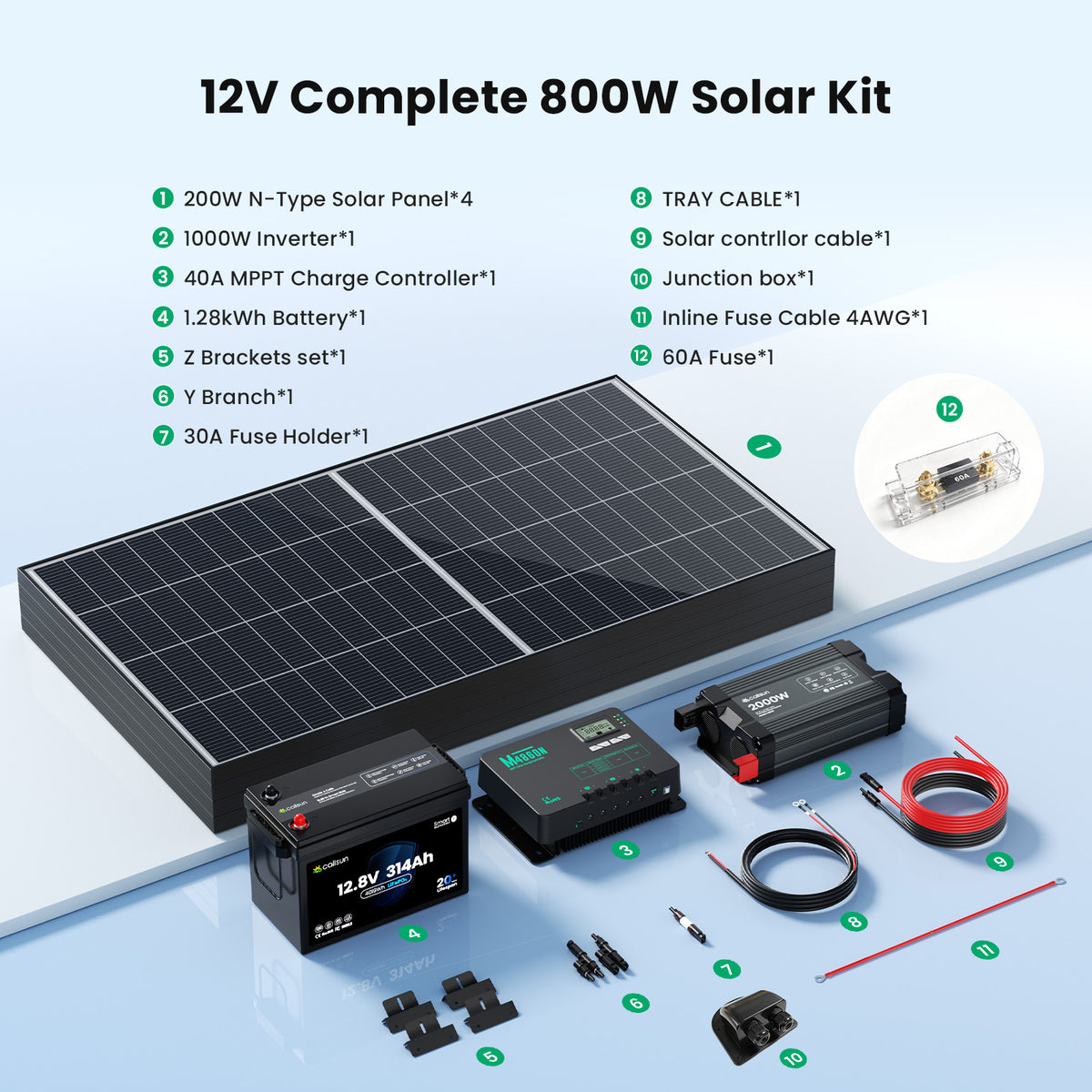 800W 12V Complete Solar Panel Kit