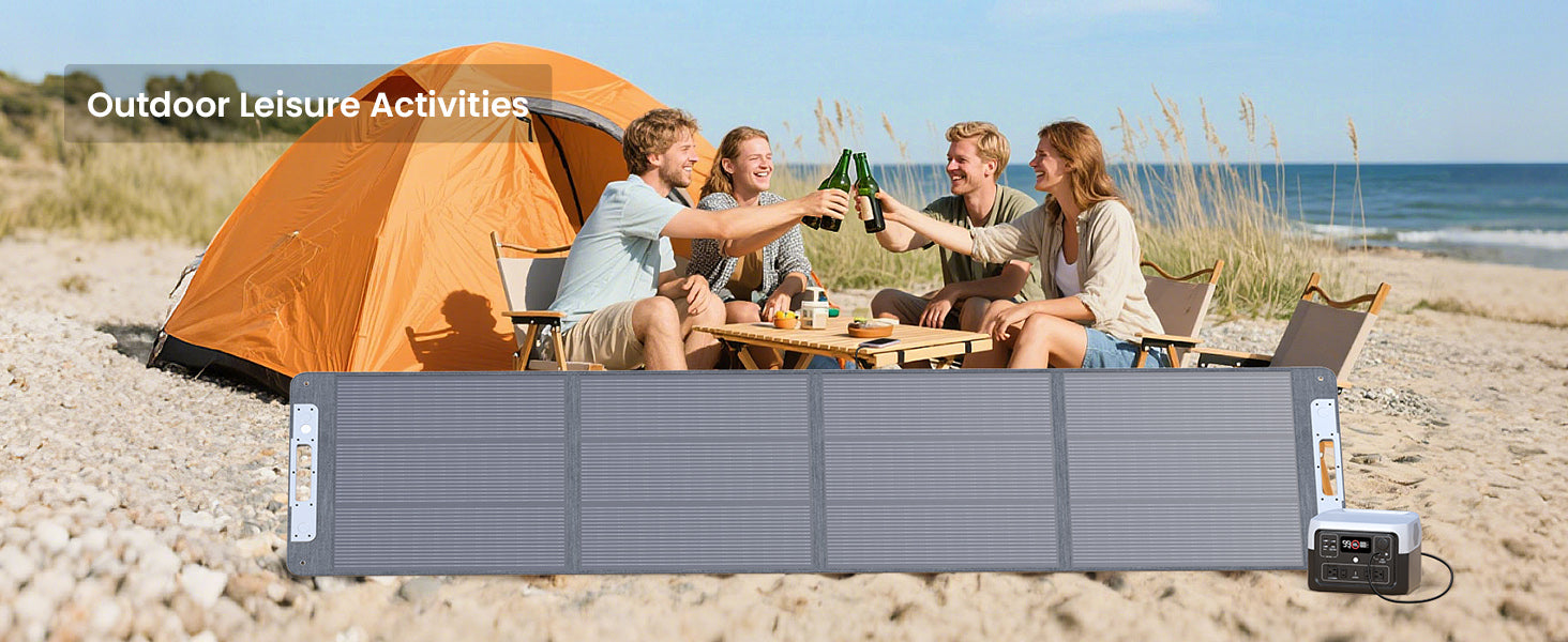 Callsun 220W portable solar panel deployed for outdoor leisure activities at a sandy beach campsite with friends and a power station.
