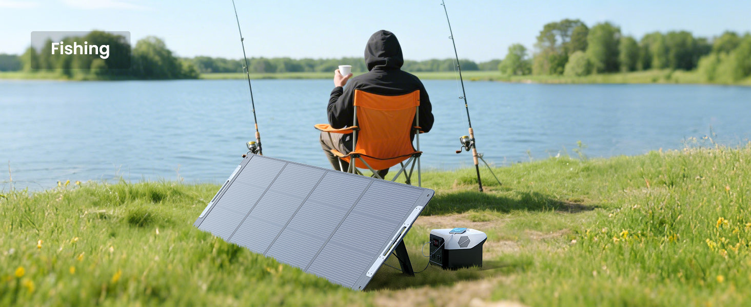 Callsun 220W portable solar panel providing off-grid power to a portable power station for a fisherman relaxing by a lake.