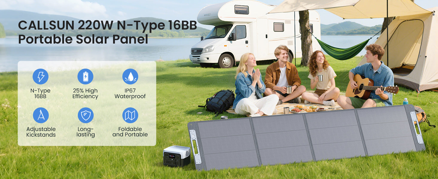 Callsun 220W N-Type portable solar panel set up at a campsite with an RV while people relax on the grass.