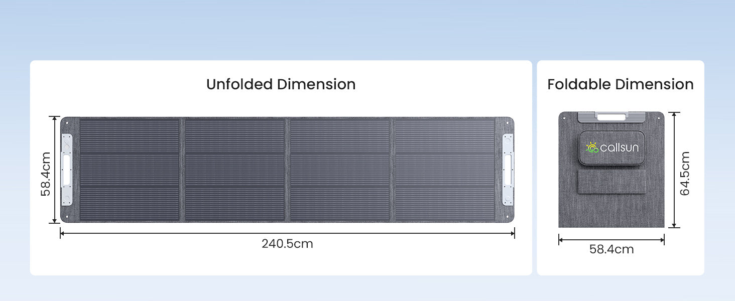 Callsun 220W portable solar panel dimension guide showing unfolded (240.5x58.4cm) and foldable (58.4x64.5cm) sizes.
