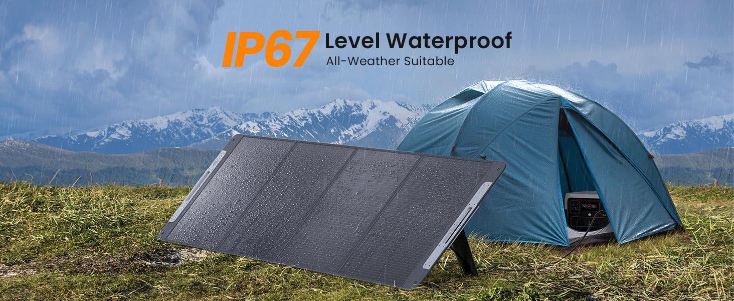 Callsun 220W portable solar panel with IP67 waterproof rating, set up on rainy grass in a mountain field next to a tent and power station.