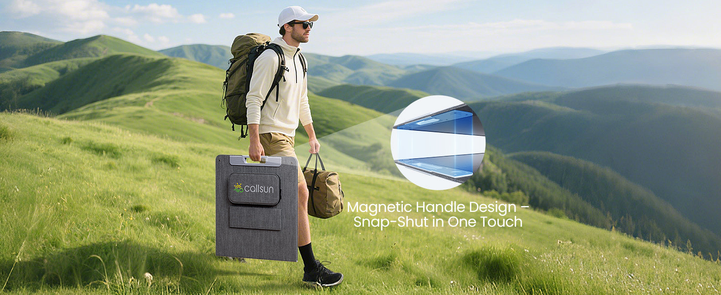 Callsun 220W portable solar panel folded and carried by a hiker in a mountain field, highlighting its magnetic handle design.