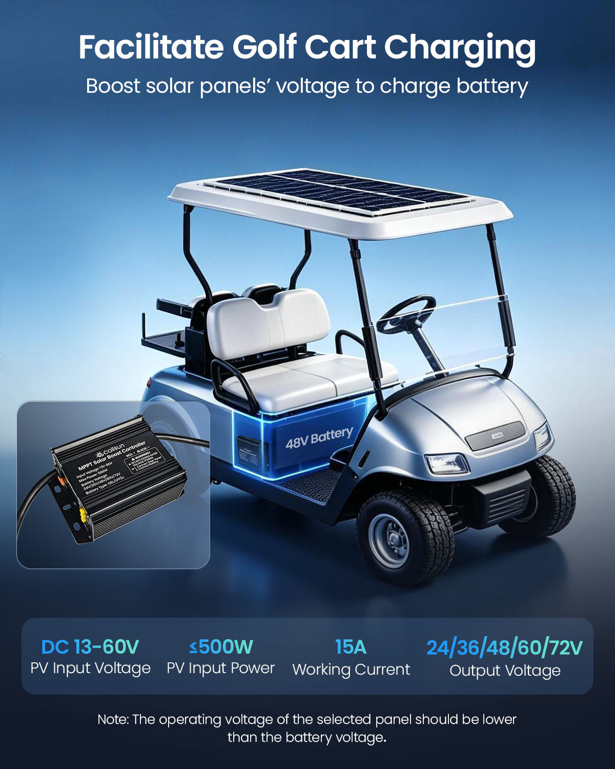 Callsun 15A boost MPPT solar charge controller charging a golf cart battery with a solar panel on top.