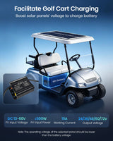 Callsun 15A boost MPPT solar charge controller charging a golf cart battery with a solar panel on top.