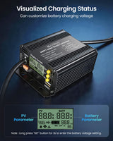 Callsun 500W MPPT solar charge controller highlighting the visualized charging status screen with PV and battery parameters.