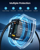 Callsun 500W MPPT solar charge controller highlighting multiple protection features including output voltage, overcurrent, and overcharge safety.