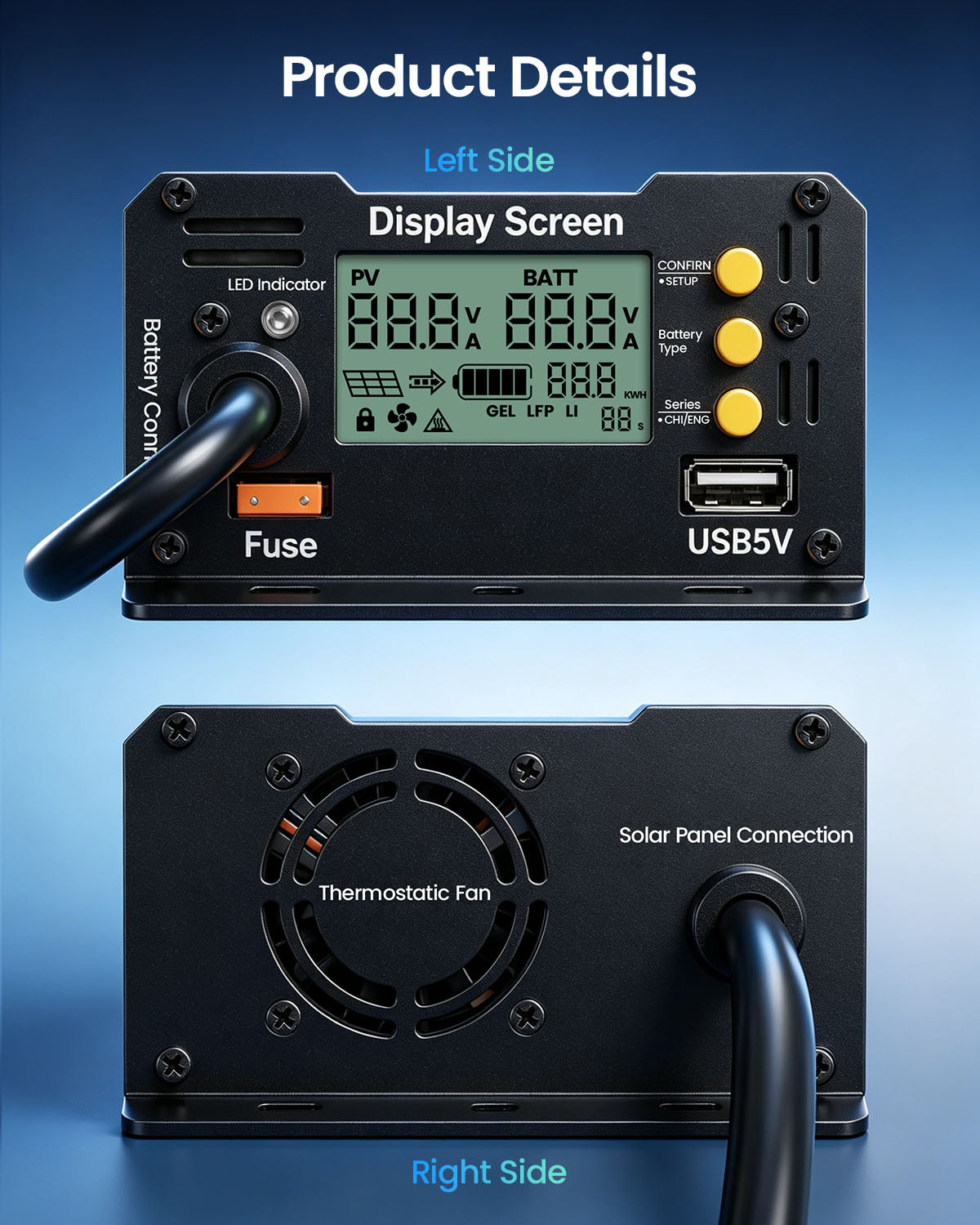 Callsun 500W MPPT solar charge controller product details showing the left side display screen, USB port, and right side cooling fan.