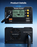 Callsun 500W MPPT solar charge controller product details showing the left side display screen, USB port, and right side cooling fan.
