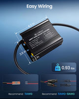 Callsun 500W MPPT solar charge controller showing easy wiring, physical dimensions (4.3 x 3.9 x 2.3 in), and a weight of 0.93 lbs.