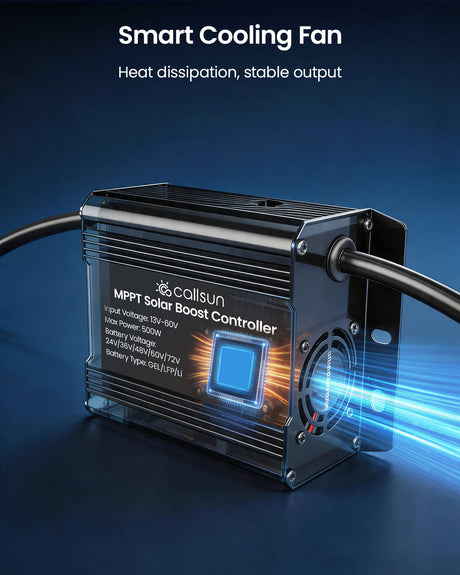 Callsun 500W MPPT solar charge controller highlighting the smart cooling fan feature with active heat dissipation.