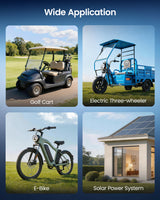 Callsun MPPT solar charge controller wide applications showcasing a golf cart, electric three-wheeler, e-bike, and solar power system.