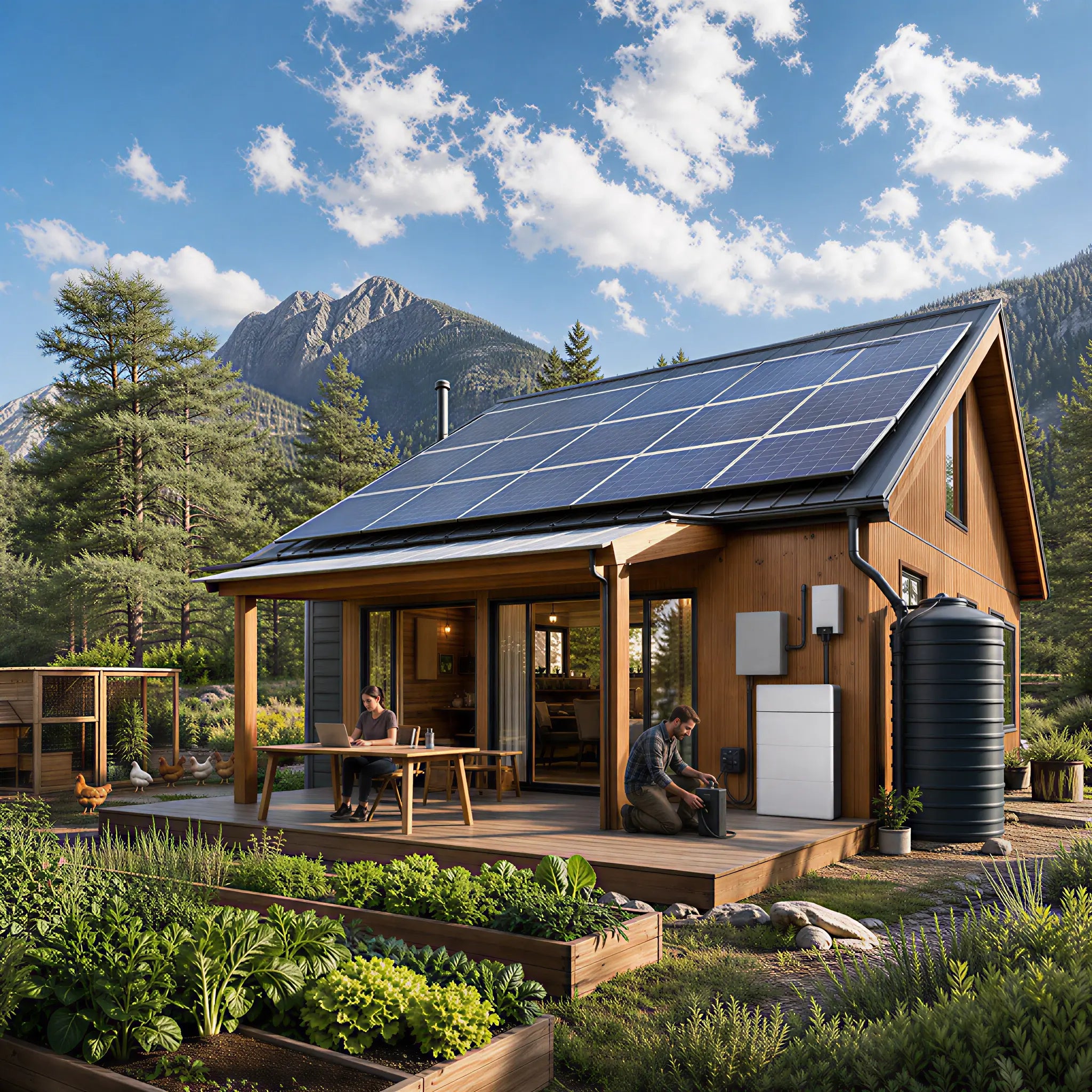 Callsun solar panels installed on an off-grid wooden cabin roof for stationary living in a mountain landscape.