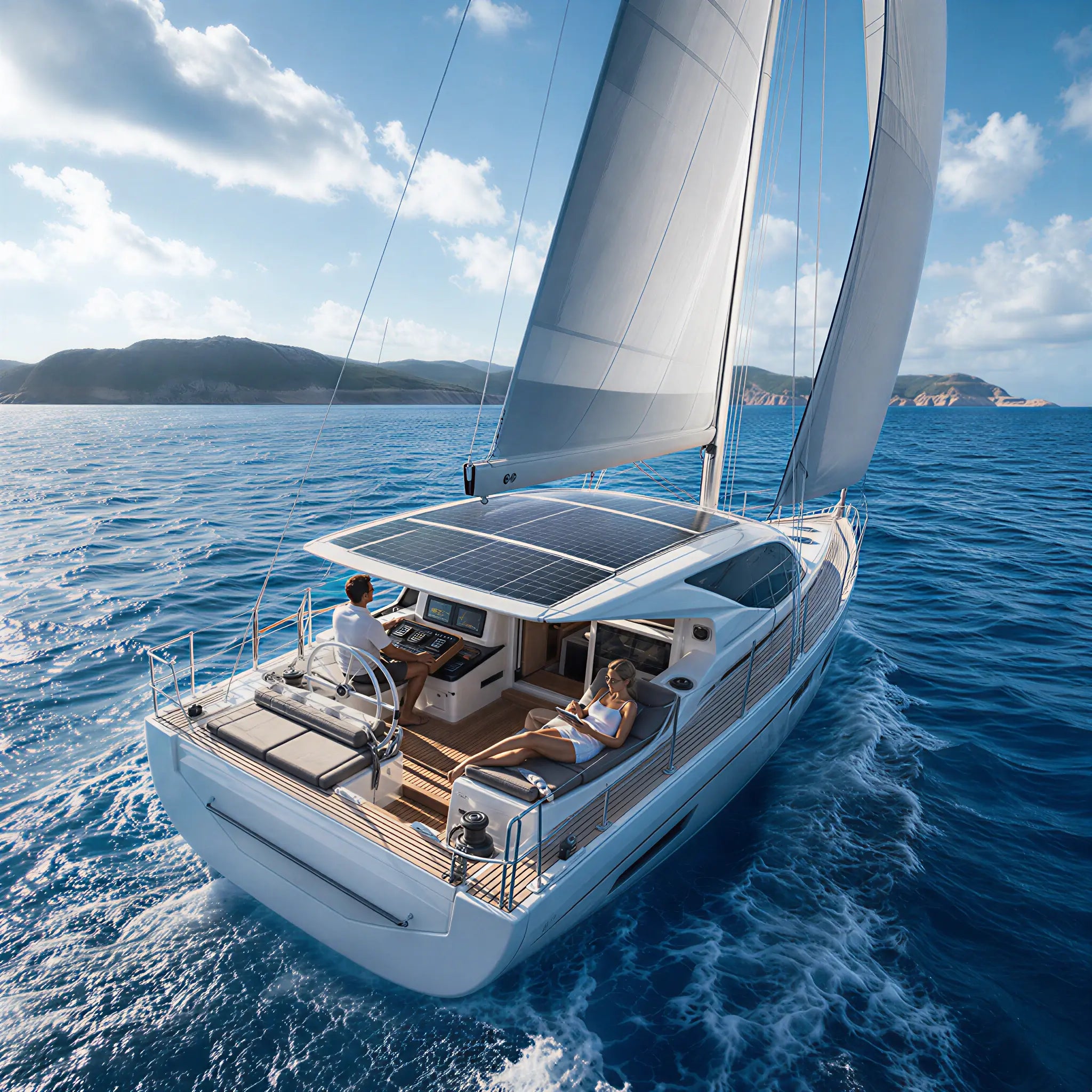 Callsun solar panels installed on a modern sailboat hardtop for marine and yacht off-grid power generation on the ocean.