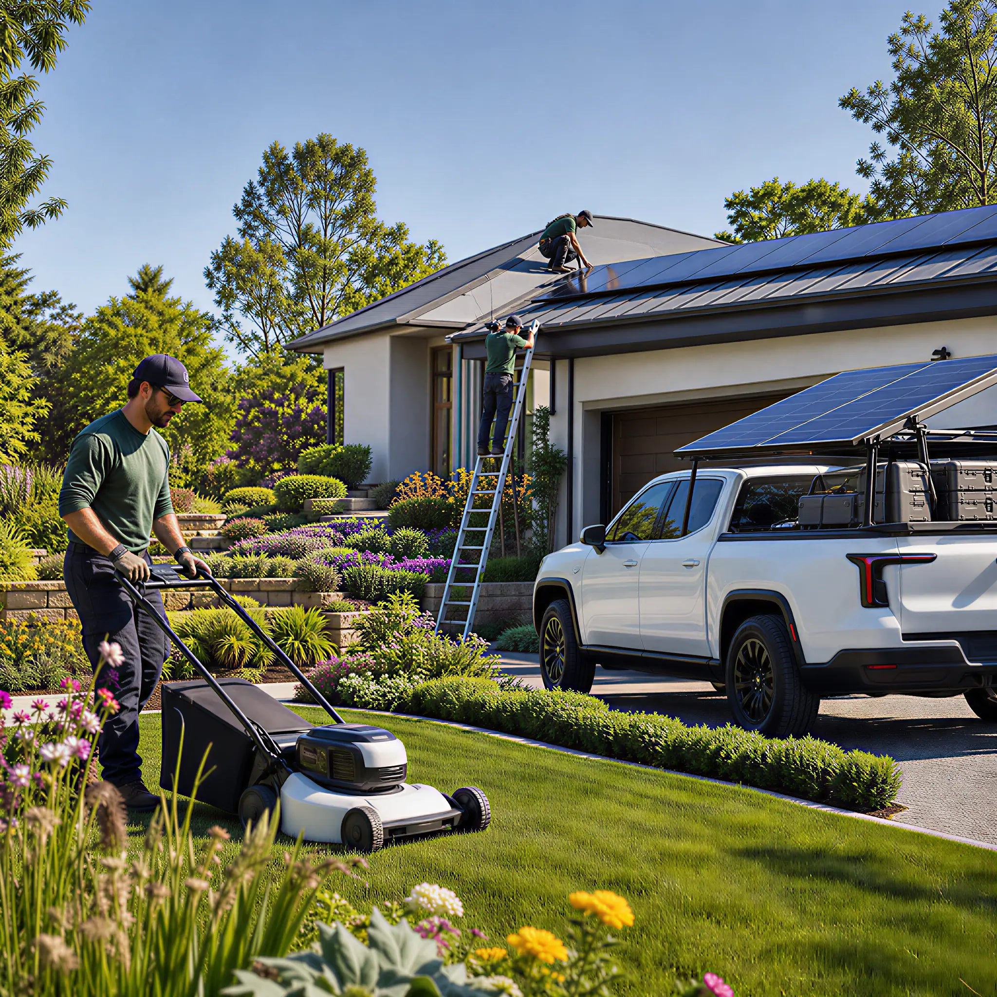 Callsun solar panels on a residential roof and a pickup truck, powering a lawnmower and landscaping tools in a garden.
