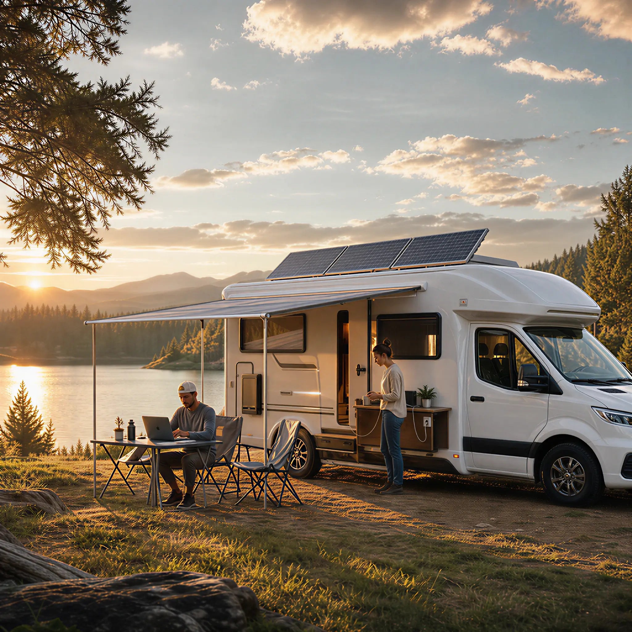 Callsun solar panels installed on an RV for outdoor camping and vanlife by a scenic lake at sunset.