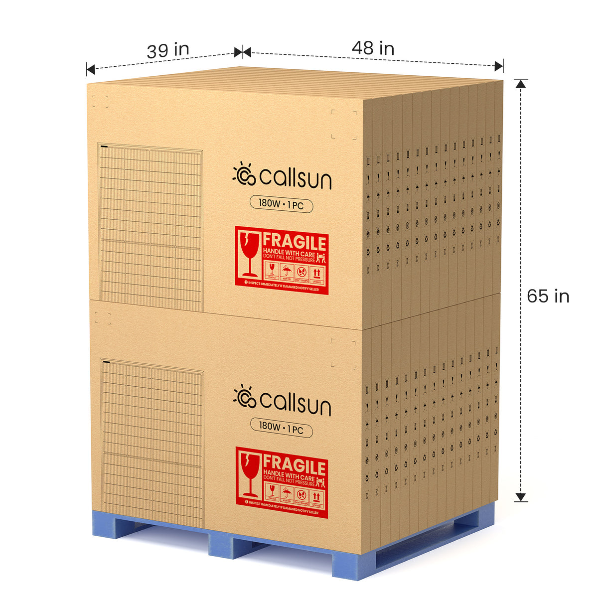 Wholesale solar panels on pallet - Callsun 180W n-type (1 pcs) shipping dimensions 39x48x65 in.