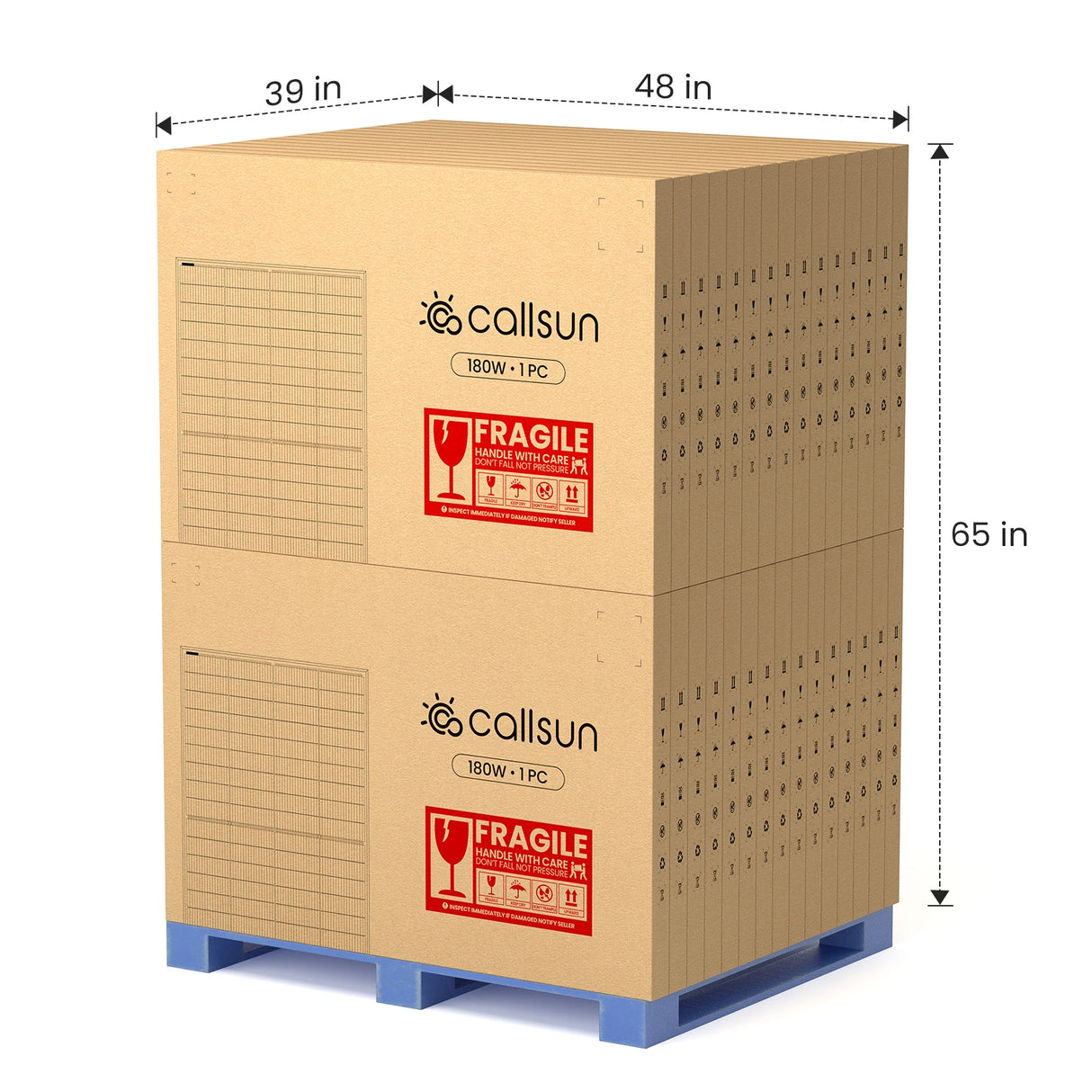 Wholesale solar panels on pallet - Callsun 180W n-type (1 pcs) shipping dimensions 39x48x65 in.