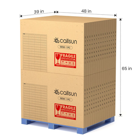 Wholesale solar panels on pallet - Callsun 180W n-type (1 pcs) shipping dimensions 39x48x65 in.