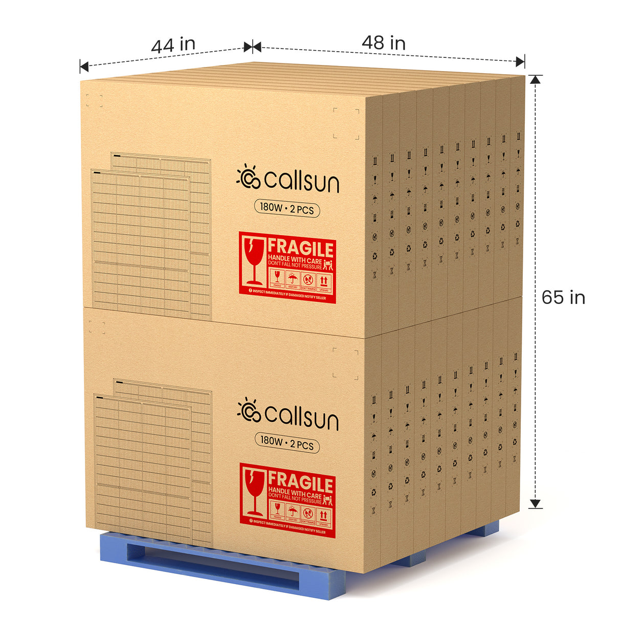 Wholesale solar panels on pallet - Callsun 180W n-type (2 pcs) shipping dimensions 44x48x65 in.