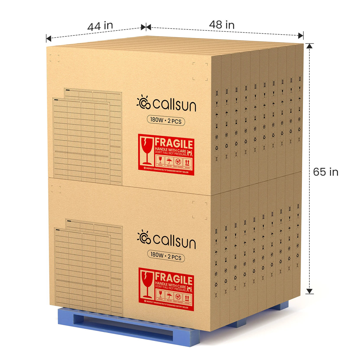 Wholesale solar panels on pallet - Callsun 180W n-type (2 pcs) shipping dimensions 44x48x65 in.