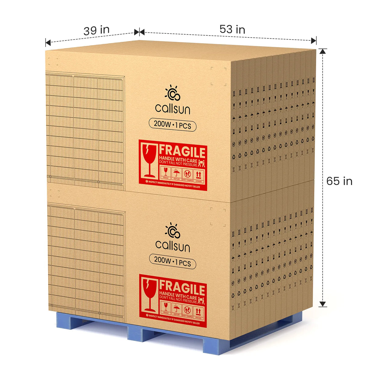 Wholesale solar panels on pallet - Callsun 200W n-type bifacial (1 pcs) shipping dimensions 39x53x65 in.