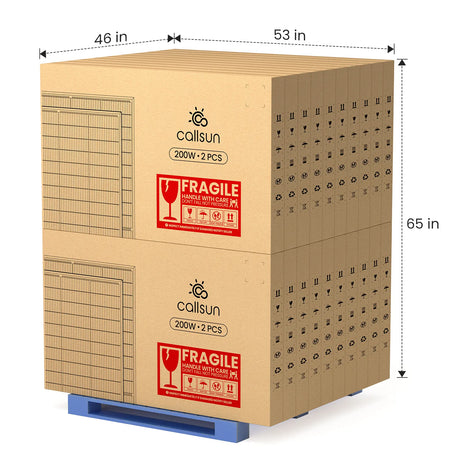 Wholesale solar panels on pallet - Callsun 200W n-type bifacial (2 pcs) shipping dimensions 46x53x65 in.