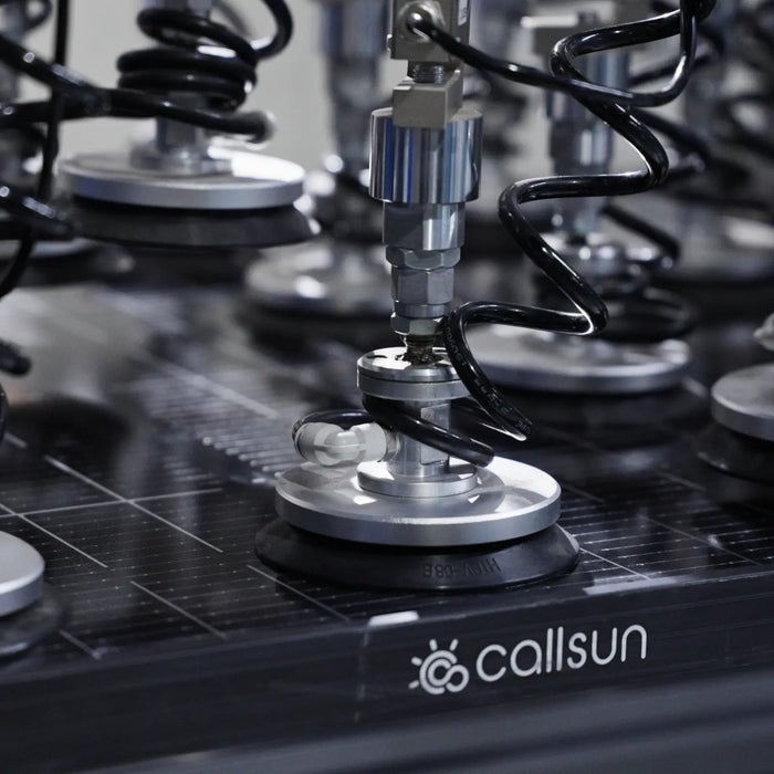 Precision manufacturing process using industrial vacuum suction tools to assemble high-quality Callsun solar panels.