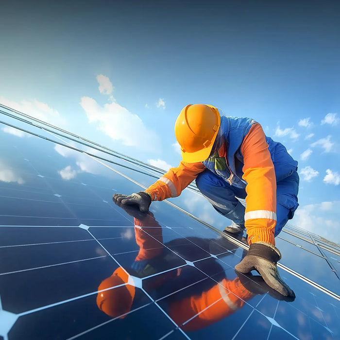 Professional technician installing Callsun rigid solar panels on a rooftop, ensuring high-quality setup for residential solar power.