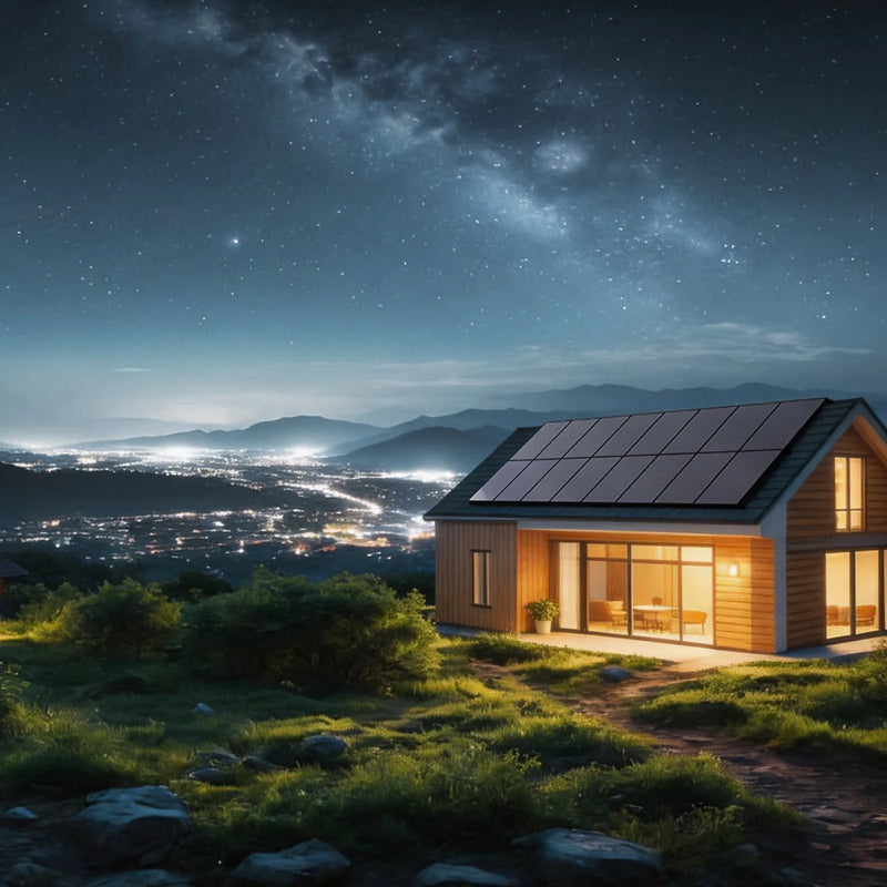 Callsun solar panels on a modern home roof under a starry night sky, representing reliable off-grid energy for residential living.
